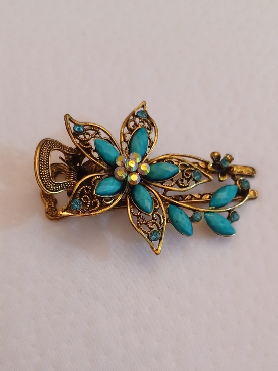 no brand Accessories - Gold-Tone Floral Hair Clip with Turquoise Stones